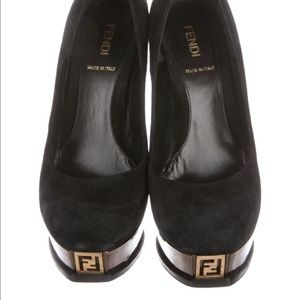 Fendi black suede pumps with F logo